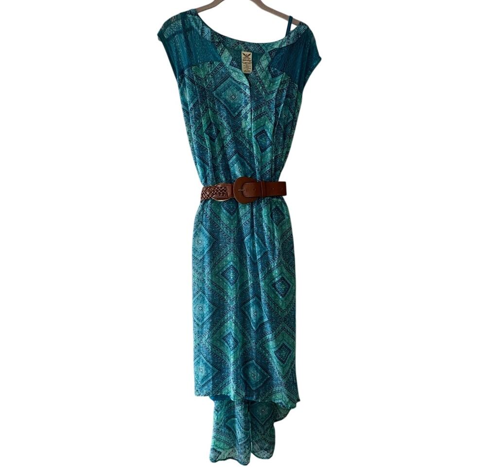 Faded Glory Women 4X 26W 28W Teal Geometric Maxi Dress Belt Boho Plus